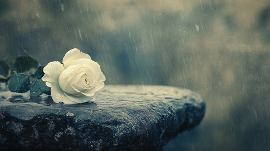 White Rose on a Stone in Rain